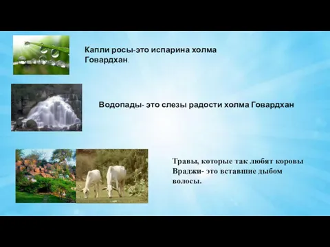 Капли росы-это испарина холма Говардхан. Водопады- это слезы радости холма