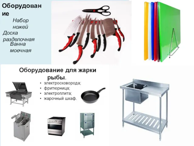 Оборудование Доска разделочная Набор ножей Ванна моечная