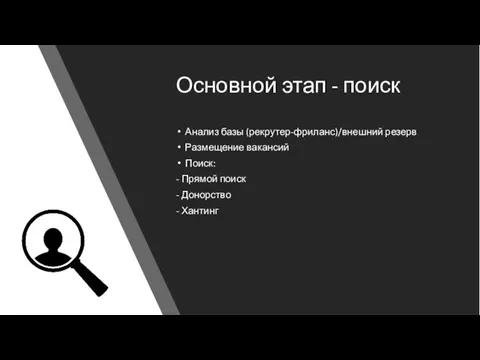 Основной этап - поиск Анализ базы (рекрутер-фриланс)/внешний резерв Размещение вакансий