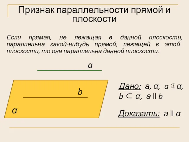 Признак параллельности прямой и плоскости Если прямая, не лежащая в