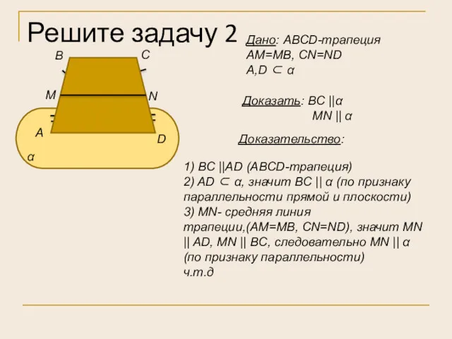 Решите задачу 2 Дано: АВСD-трапеция АМ=МВ, CN=ND A,D ⊂ α