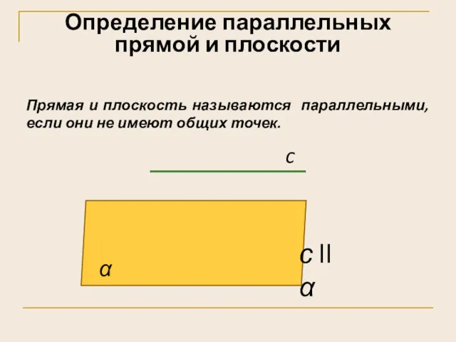 Определение параллельных прямой и плоскости Прямая и плоскость называются параллельными,