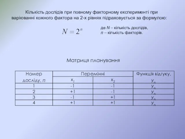 Кількість дослідів при повному факторному експерименті при варіюванні кожного фактора