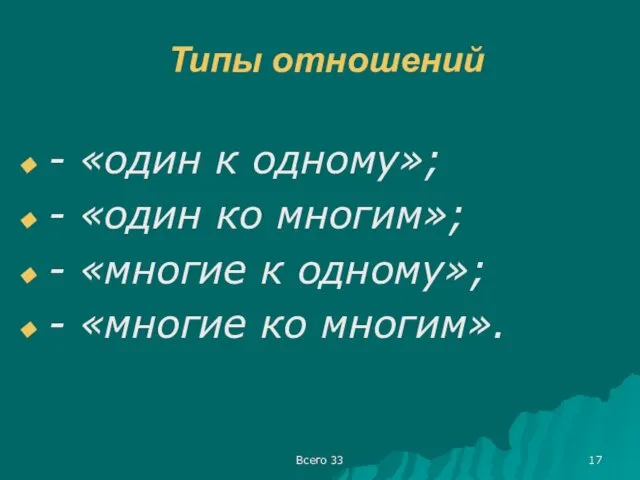 Всего 33 Типы отношений - «один к одному»; - «один