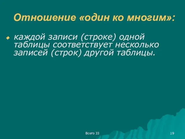 Всего 33 Отношение «один ко многим»: каждой записи (строке) одной