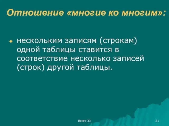 Всего 33 Отношение «многие ко многим»: нескольким записям (строкам) одной