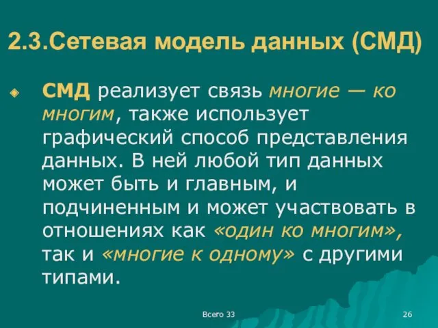 Всего 33 2.3.Сетевая модель данных (СМД) СМД реализует связь многие