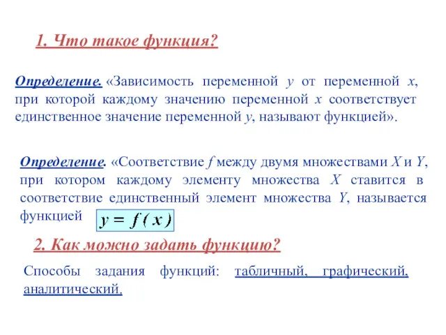 1. Что такое функция? 2. Как можно задать функцию? Определение.