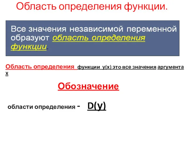 Область определения функции. Область определения функции у(х) это все значения