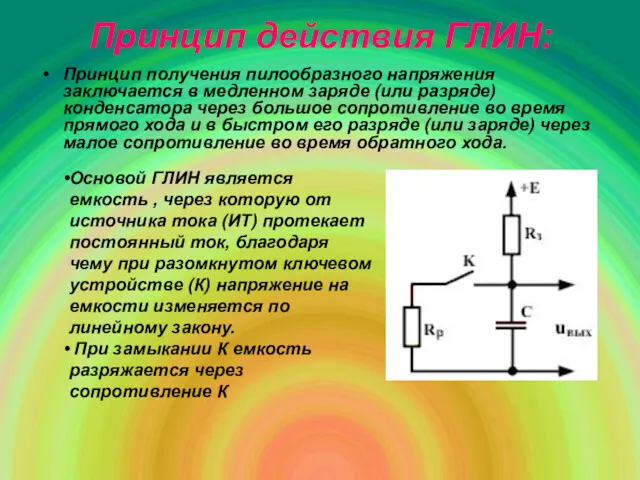Принцип действия ГЛИН: Принцип получения пилообразного напряжения заключается в медленном