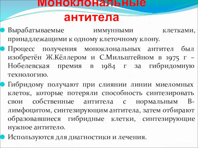 Моноклональные антитела Вырабатываемые иммунными клетками, принадлежащими к одному клеточному клону.