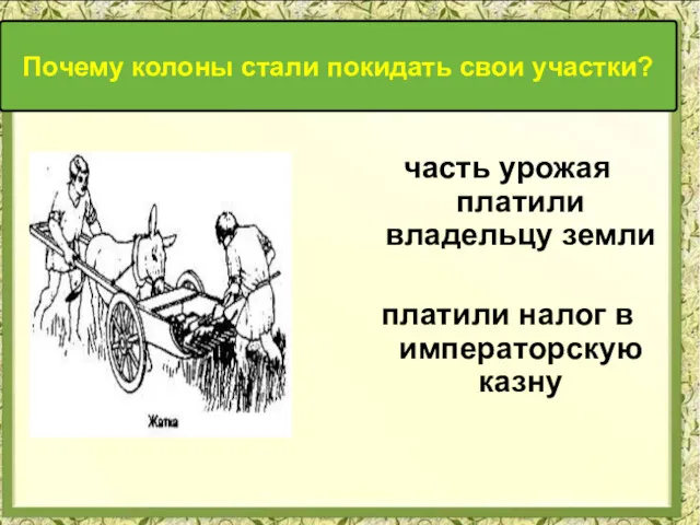 часть урожая платили владельцу земли платили налог в императорскую казну Почему колоны стали покидать свои участки?