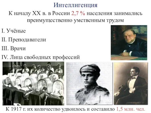 Интеллигенция К началу XX в. в России 2,7 % населения