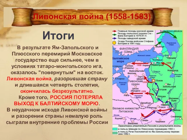 Ян Матейко. «Стефан Баторий под Псковом». Итоги В результате Ям-Запольского и Плюсского перемирий