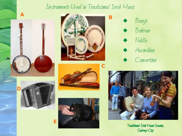 Instruments Used in Tradicional Irish Music A B Banjo Bohran