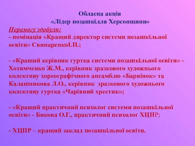 Обласна акція «Лідер позашкілля Херсонщини» Перемогу здобули: - номінація «Кращий