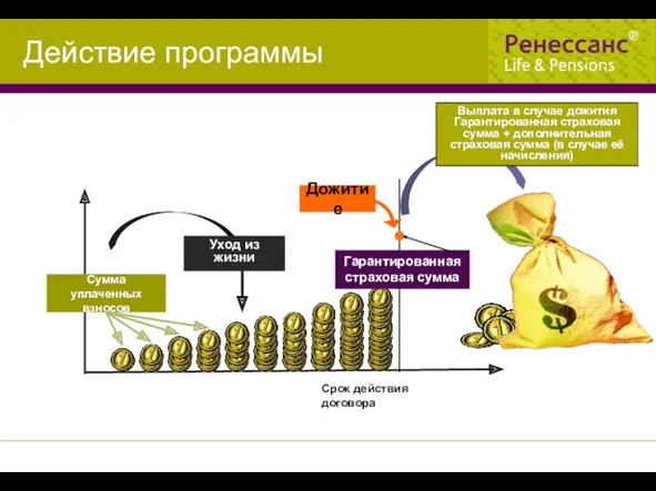 Срок действия договора Дожитие Уход из жизни Сумма уплаченных взносов