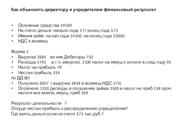 Как объяснять директору и учредителям финансовый результат Основные средства 14500