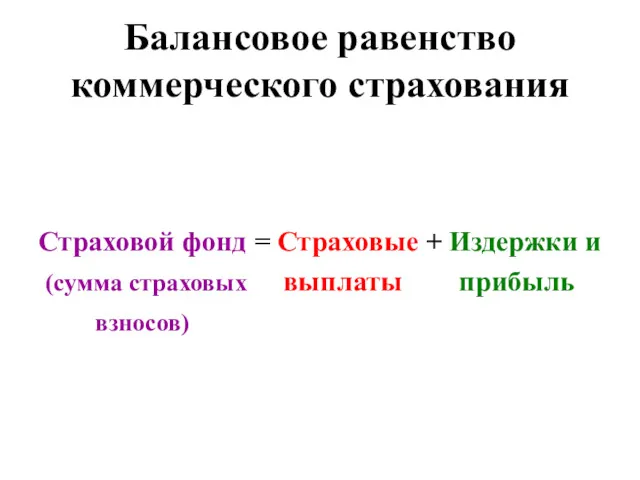 Балансовое равенство коммерческого страхования Страховой фонд = Страховые + Издержки и (сумма страховых выплаты прибыль взносов)