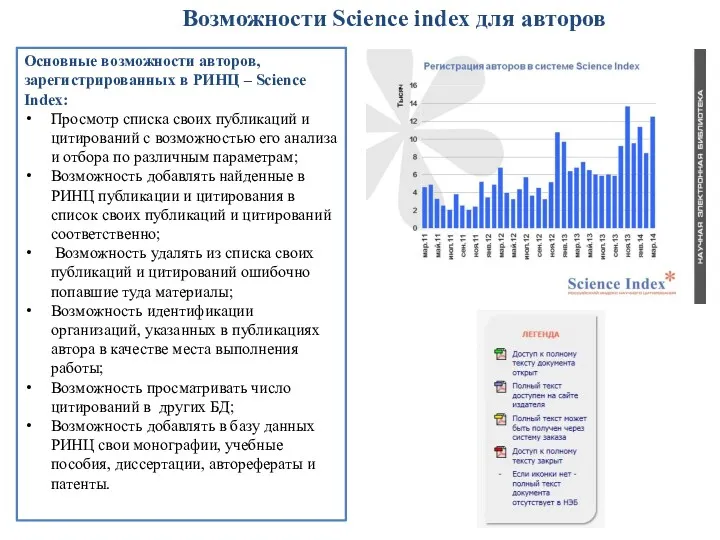 Возможности Science index для авторов Основные возможности авторов, зарегистрированных в