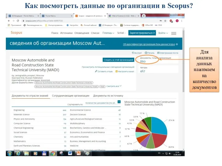 Как посмотреть данные по организации в Scopus? Для анализа данных нажимаем на количество документов