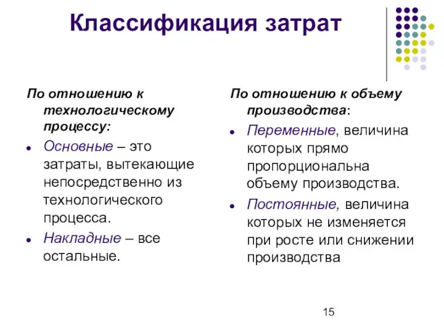 Классификация затрат По отношению к технологическому процессу: Основные – это