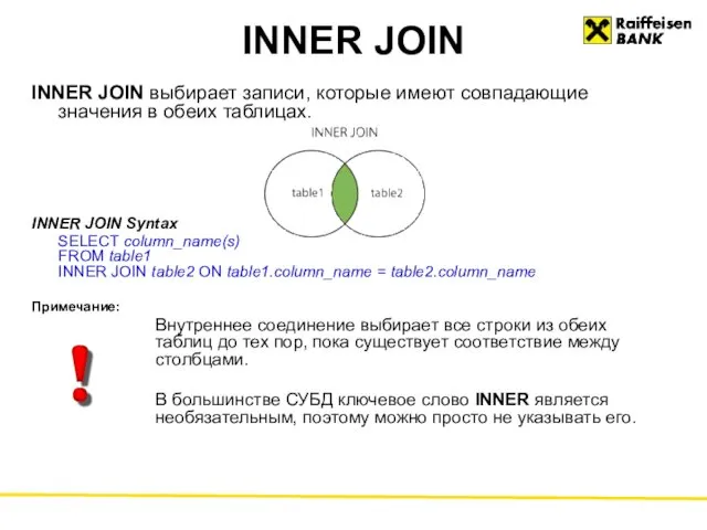 INNER JOIN INNER JOIN выбирает записи, которые имеют совпадающие значения