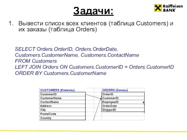Задачи: Вывести список всех клиентов (таблица Customers) и их заказы