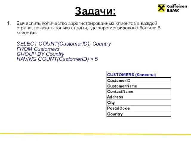 Задачи: Вычислить количество зарегистрированных клиентов в каждой стране, показать только