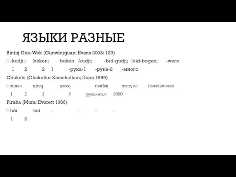ЯЗЫКИ РАЗНЫЕ Bininj Gun-Wok (Gunwinjguan; Evans 2003: 129) -kudji ;