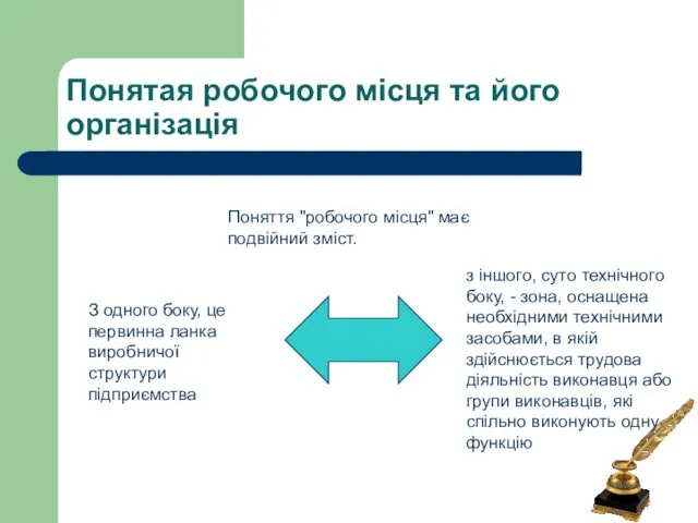 Понятая робочого місця та його організація Поняття "робочого місця" має