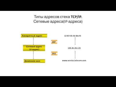 Типы адресов стека TCP/IP. Сетевые адреса(IP-адреса) 12-B7-01-56-BA-F5 129.35.251.23 www.service.telecom.com ARP DNS Аппаратный адрес