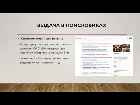 ВЫДАЧА В ПОИСКОВИКАХ Ключевое слово – конфеты – : Google: