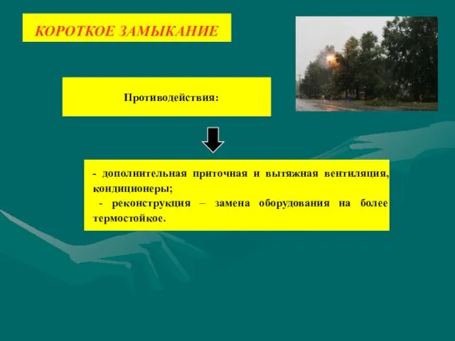 КОРОТКОЕ ЗАМЫКАНИЕ Противодействия: - дополнительная приточная и вытяжная вентиляция, кондиционеры; - реконструкция –