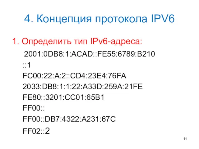 4. Концепция протокола IPV6 1. Определить тип IPv6-адреса: 2001:0DB8:1:ACAD::FE55:6789:B210 ::1 FC00:22:A:2::CD4:23E4:76FA 2033:DB8:1:1:22:A33D:259A:21FE FE80::3201:CC01:65B1 FF00:: FF00::DB7:4322:A231:67C FF02::2