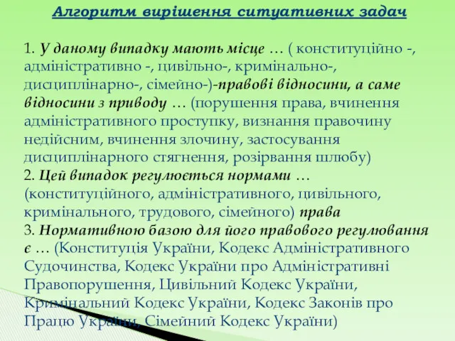 Алгоритм вирішення ситуативних задач 1. У даному випадку мають місце … ( конституційно