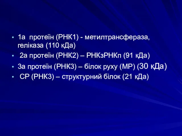 1а протеїн (РНК1) - метилтрансфераза, геліказа (110 кДа) 2а протеїн