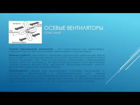 ОСЕВЫЕ ВЕНТИЛЯТОРЫ ОПИСАНИЕ Осевой (аксиальный) вентилятор - это классический вид