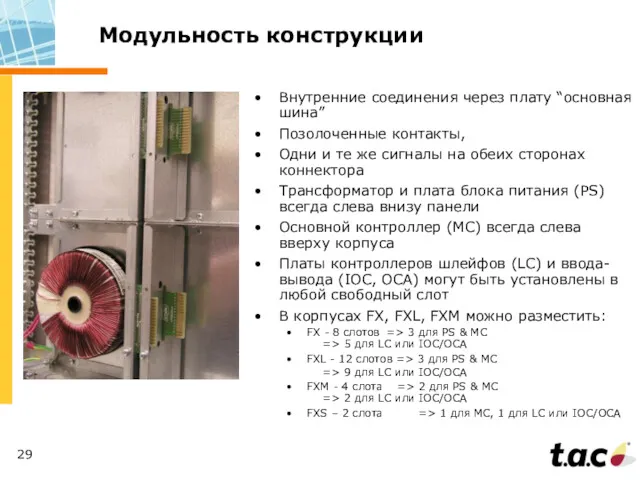 Модульность конструкции Внутренние соединения через плату “основная шина” Позолоченные контакты,