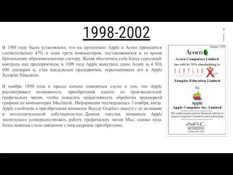 9 1998-2002 В 1998 году было установлено, что на продукцию