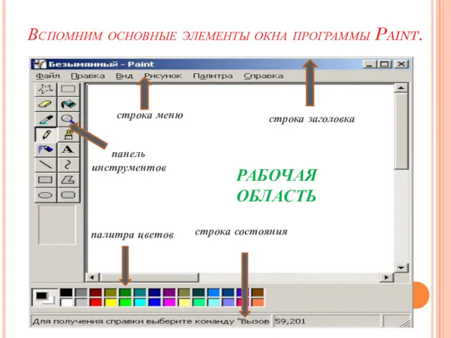 Вспомним основные элементы окна программы Paint. строка заголовка строка меню