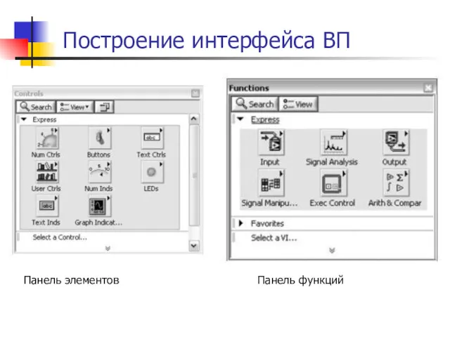 Построение интерфейса ВП Панель элементов Панель функций