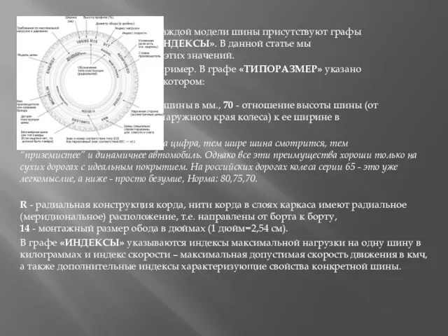 В описании каждой модели шины присутствуют графы «ТИПОРАЗМЕР» и «ИНДЕКСЫ».