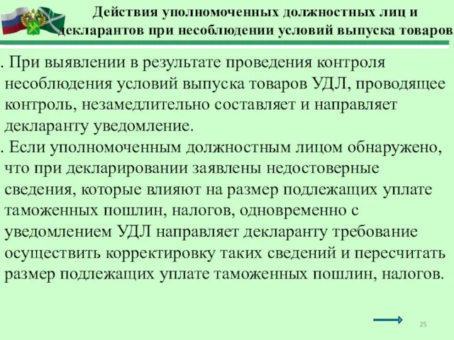 Действия уполномоченных должностных лиц и декларантов при несоблюдении условий выпуска