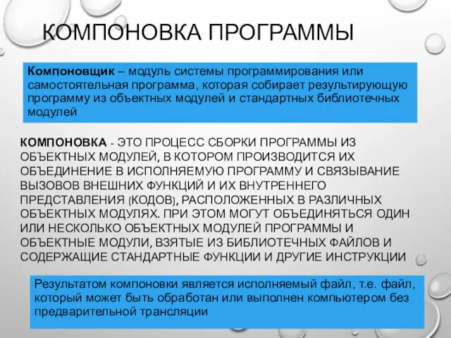 КОМПОНОВКА ПРОГРАММЫ КОМПОНОВКА - ЭТО ПРОЦЕСС СБОРКИ ПРОГРАММЫ ИЗ ОБЪЕКТНЫХ МОДУЛЕЙ, В КОТОРОМ