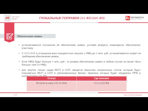 Обеспечение заявок ГЛОБАЛЬНЫЕ ПОПРАВКИ 223-ФЗ (505-ФЗ) устанавливается положения об обеспечении