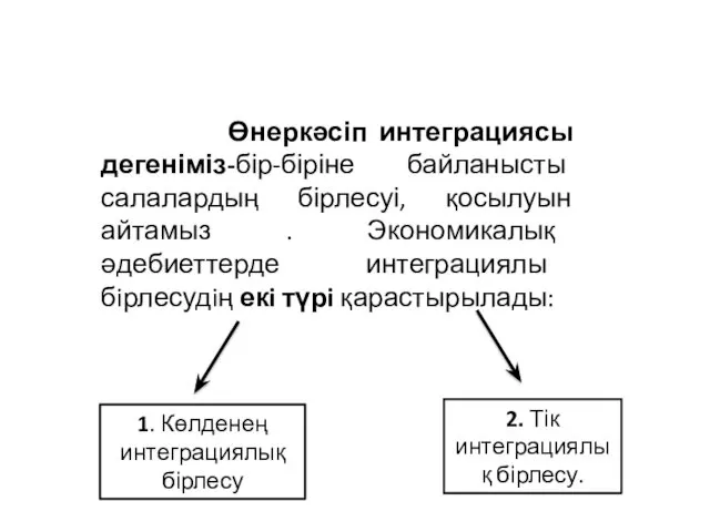 Өнеркәсіп интеграциясы дегеніміз-бір-біріне байланысты салалардың бірлесуі, қосылуын айтамыз . Экономикалық