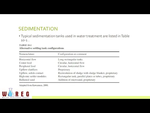 SEDIMENTATION Typical sedimentation tanks used in water treatment are listed in Table 10-1 .