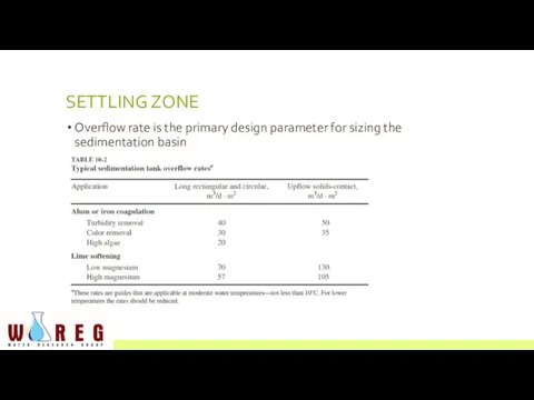 SETTLING ZONE Overflow rate is the primary design parameter for sizing the sedimentation basin