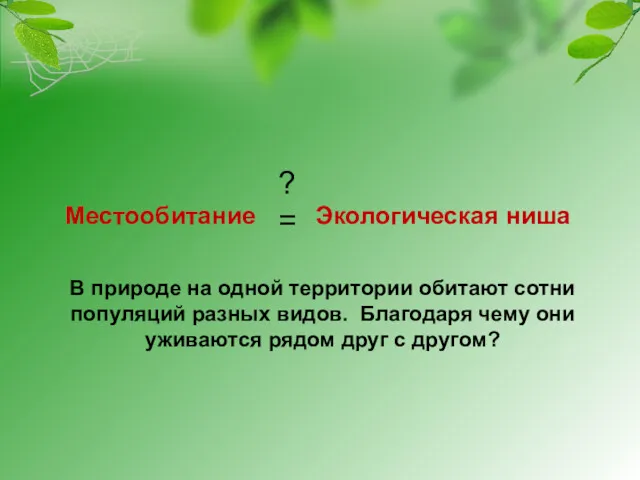 Местообитание Экологическая ниша = ? В природе на одной территории